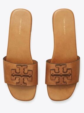 Tory Burch Cognac Tan Leather Logo Slide Sandals